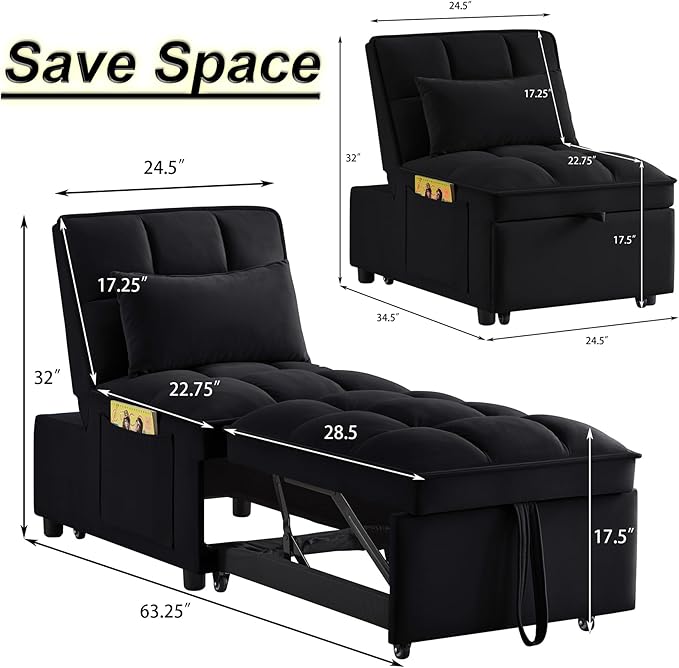 4 in 1 Bouncer with Pull-Out Bed Convertible Slip on Sofa Chair with Storage Pockets and Adjustable Backrest Comfortable Folding Footrest Bed Living Room (Black)