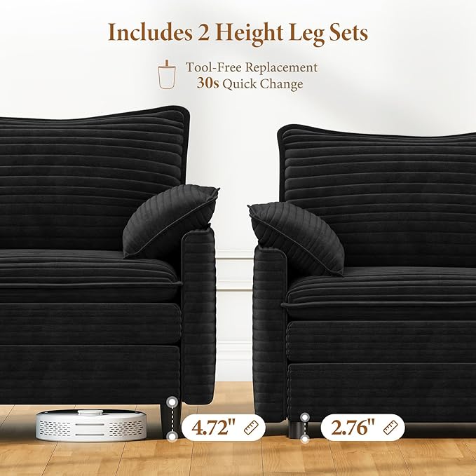 Vesgantti 142 Cloud Couch Sectional Modular Sofa Comfy Sectional Couch with Ottoman Deep Seat Corduroy L Shaped Sofa Modular Couches for Living Room Bedroom and Apartment Black