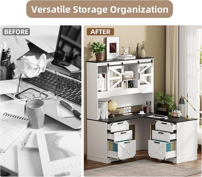 VOWNER 57 Farmhouse L Shaped Desk with Hutch Executive Desk with Charging Station Home Office Desk with Sliding Doors and File Cabinet Wood Corner Computer Desk with Drawers for Home Office White