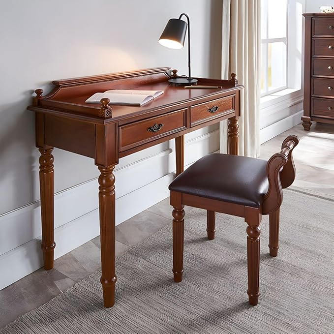 RUNNUP Mid-Century Desk with 2 Drawers 31.5 Wide Home Office Desk Workstation Solid Wood Computer Writing Study Desk for Small Space Bedroom Living Room Makeup Vanity Console Table