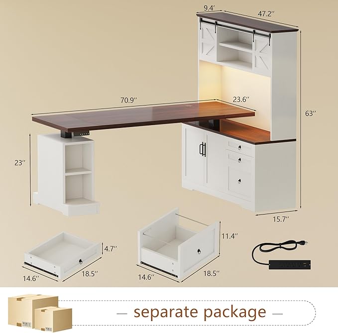 Farmhouse L Shaped Desk with Electric Height Adjustable 70.86 LED Gaming Desk w/Power Outlet Home Office Desk w/Storage Cabinet &amp Sliding Door Executive Desk w/File Drawer White &amp Brown