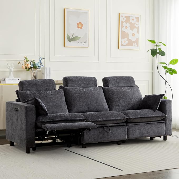 Oversized Power Reclining Sofa with Adjustable Headrest Storage Seat Power Loveseat Recliner Sofa with USB Port Wall Hugger Comfy Cloud Couch Chenille for Living Room (Grey Sofa)