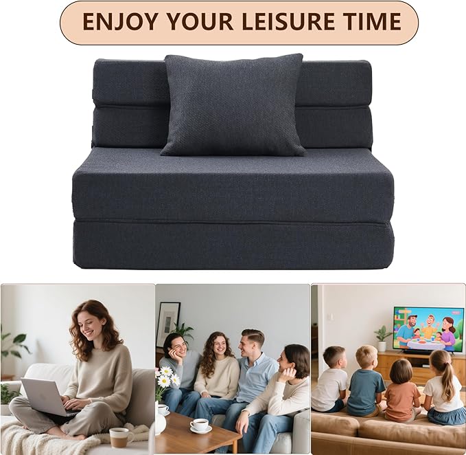 Convertible Folding Sofa Bed Sleeper Chair with Memory Foam &amp Pillow Multi-Functional Foldable Floor Mattress for Bedroom Living Room Dorm Office (Black)