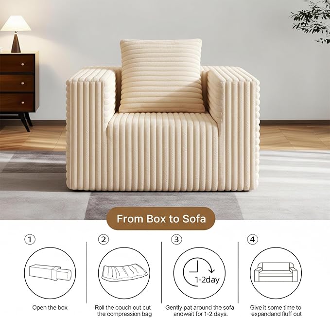 Single Cloud Sofa High Backrest Wider Armrest Foam Boneless Couch Comfy Furry Pillowed Single Seater for Small Spaces Living Room Bedroom Dorm Office（Beige）