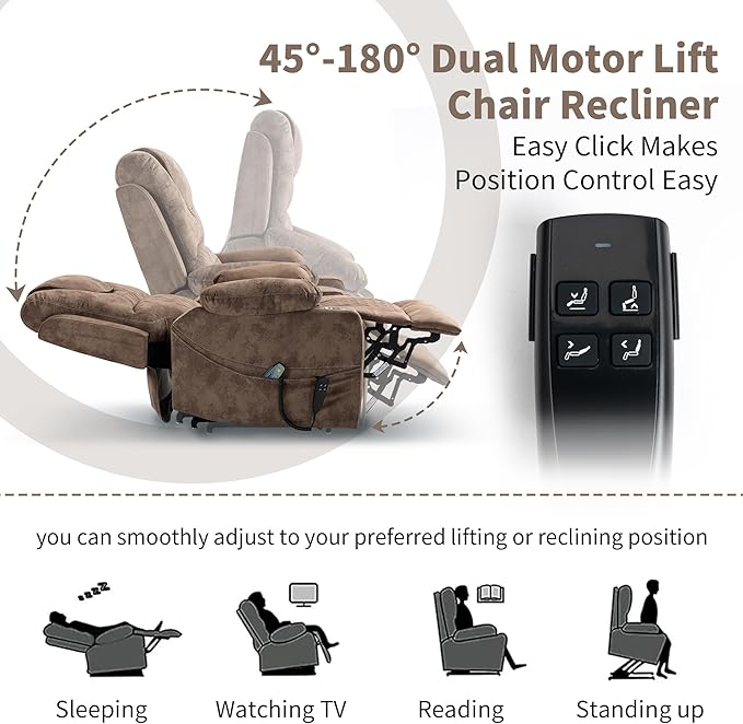 Large Power Lift Recliner Chair with Massage and Heat for Elderly Big and Tall People Dual Motor 180° Lay Flat Overstuffed Wide Velvet Recliners with 2 Cup Holders Side Pocket