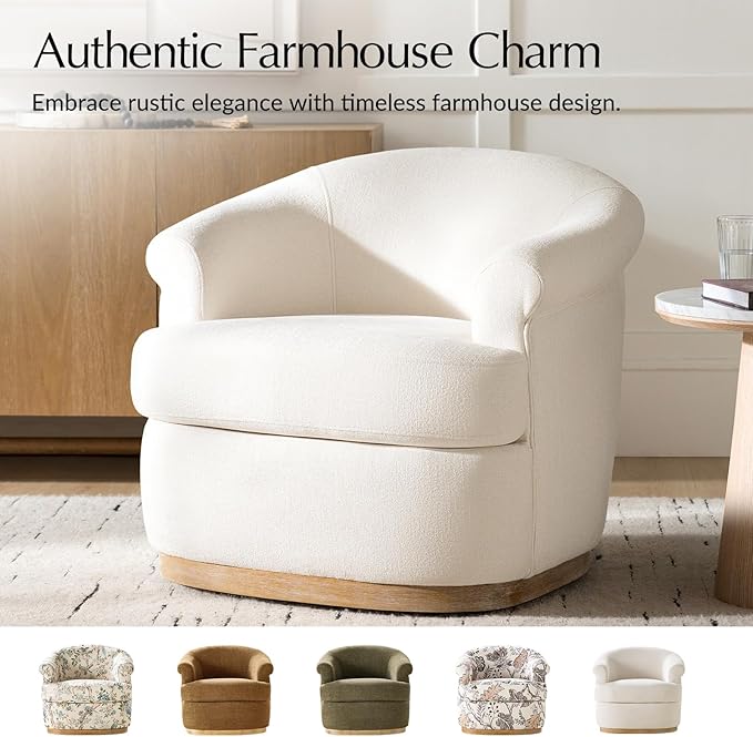 HULALA HOME Swivel Barrel Chair Set of 2 with Rolled Arms Upholstered Fabric Swivel Round Armchair with Removable Cushion Solid Wood Base for Living Room Bedroom Ivory