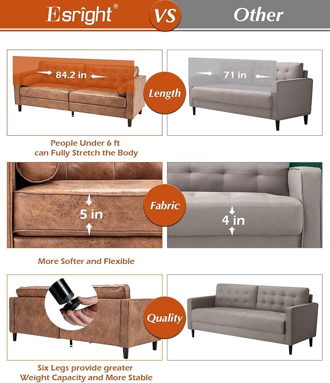 Esright Mid Century Modern Faux Leather Sofa 84.2-Inch 3-Seater Vintage Couch with 2 Bolster Pillows Large Brown Sofa for Living Room Apartment Office