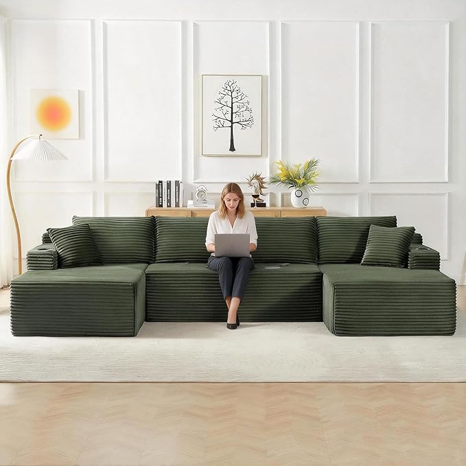 133.5 Oversized U Shaped Sectional Couch Boneless Cloud Couches for Living Room Corduroy Comfort Modular Deep Seat Sofa with Chaise Cup Holders &amp Storage Pocket No Assembly Required Green