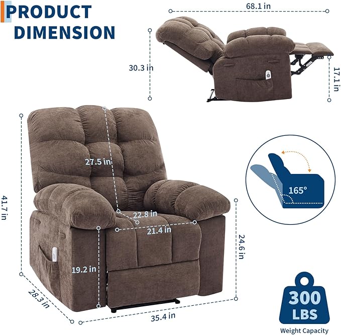 Massage &amp Heating Recliner Chair for Adults 150° Manual Oversized Recliner with Extra Wide Plush Seat Soft Overstuffed Chair for Living Room BedroomBrown