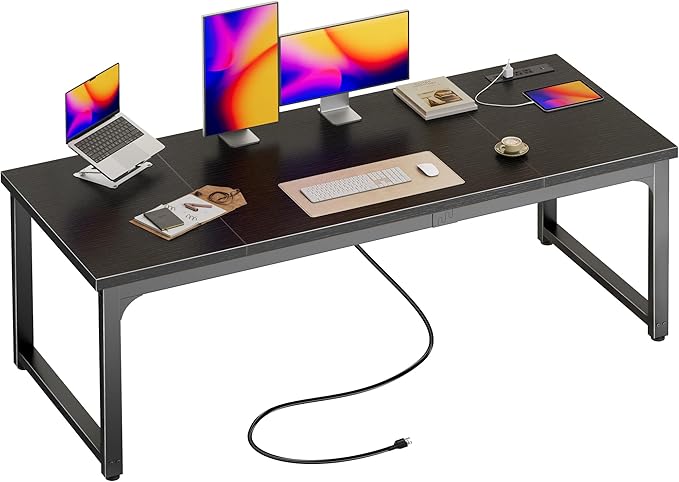Huuger 63 x 24 inch Desk with Power Outlets &amp USB-C Deeper &amp Thicker Desktop Robust Metal Tubes Computer Desk Heavy Duty Office Desk Work Gaming Desk for Home Office Black