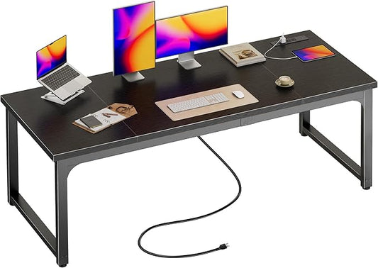 Huuger 63 x 24 inch Desk with Power Outlets &amp USB-C Deeper &amp Thicker Desktop Robust Metal Tubes Computer Desk Heavy Duty Office Desk Work Gaming Desk for Home Office Black