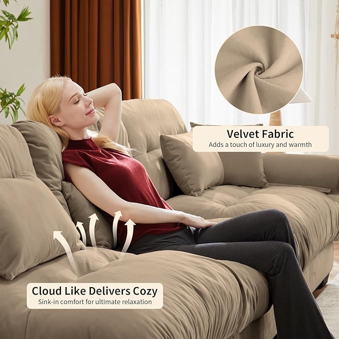 130 Large Sectional Couches for Living Room Cloud Modern Modular Deep Seat Sofa Set Comfy Couches Velvet Fluffy 3 Seater Sofa Set for Bedroom Apartment Taupe