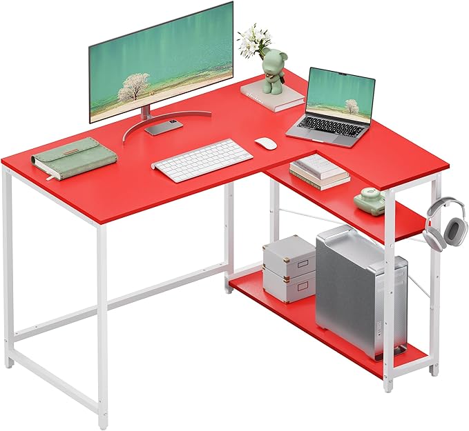 Pamray 43 Inch L Shaped Computer Desk with Reversible Side Storage Shelves Small Corner Desk for Small Space Home OfficeWriting Study Table PC Desk for BedroomRed