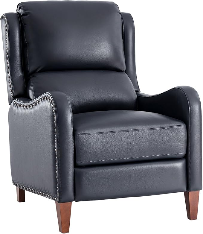 HULALA HOME Genuine Leather Recliner Chair Modern Push Back Recliner Armchair with Thick Seat Backrest &amp Footrest Nailhead Decor for Living Room Bedroom Navy