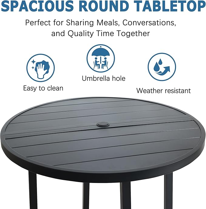 47 Round Patio Dining Table for 6 All-Weather Metal Patio Table with Umbrella Hole Outdoor Round Dining Table for Lawn Garden Porch Black