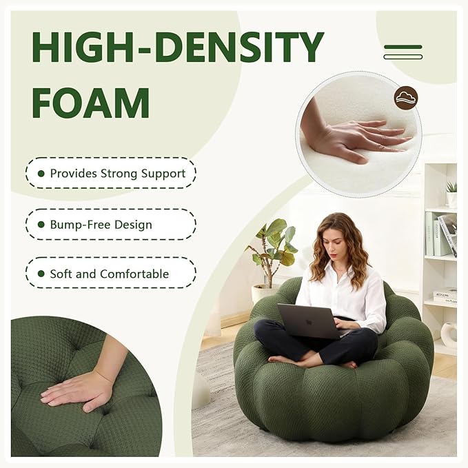 Bean Bag Grey Chair for Bedroom Small Comfy Chairs for Living Room Small Space Comfortable Corner Reading Chair for Adults/Teens No Assembly Required 350 LBS Capacity (Green)