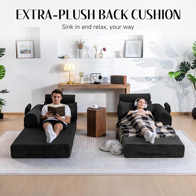 79 Corduroy Sofa Bed Sleeper Couch 6-in-1 Convertible Boneless Floor Futon Loveseat High-Density Foam Couch in a Box with 2 Headrest Pillows No Assembly Black
