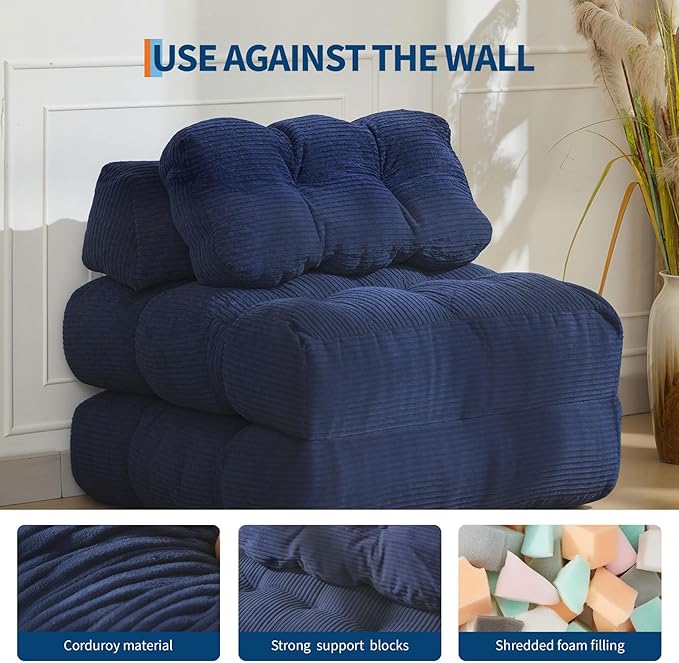 Folding Sofa Bed Convertible Sleeper Chair with Pillow Foldable Matress with Back Support Portable Fold Out Chair Bed Comfy Floor Sofa Lounge for Living Room Bedroom Navy Blue Single