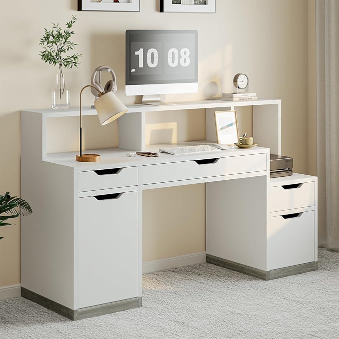 Computer Desk with 4 Drawer &amp Storage Shelves 58 White Office Desk with File Drawer &amp Cabinet Small Study Desk with Monitor Stand &amp Printer Shelf for Bedroom Small Spaces White