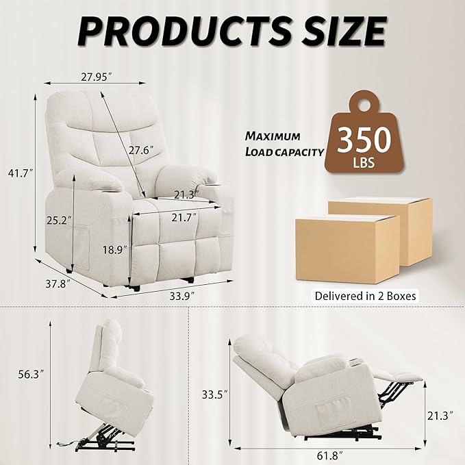 Power Recliner Chair with Massage and Heating Power Lift Recliner Chair for Elderly and Adults Electric Recliner with Remote Control and Cup Holders for Living Room