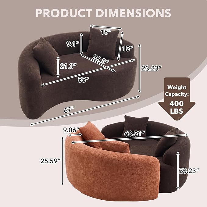 67 Modular Sectional Loveseat Sofa Chenille Upholstered Cloud Couch with S-Shaped Cushion Boneless Couch Sleeper Deep Seat Sofa with Throw Pillows for Living Room (Brown) | Chenille Comfortable