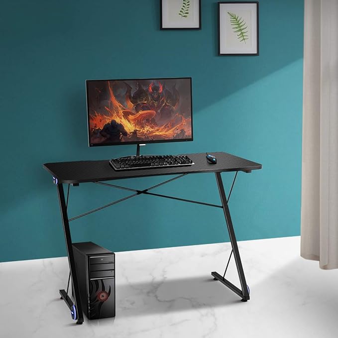 POWERSTONE Gaming Desk with Led Light - Z Shaped 43.5 inch Gaming Computer Desk Pc Gaming Table Home Office Desk Gamer Workstation with Carbon Fiber Surface