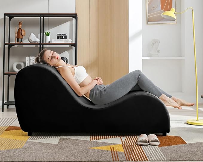 BALUS 60W S-Shape Yoga Sofa Chaise Lounge Chair for Adults Stretching Wooden Ergonomic Curved Lounges Chairs Indoor with Velvet Cover for Living Room Apartment Home Office Exercising Relaxing Black