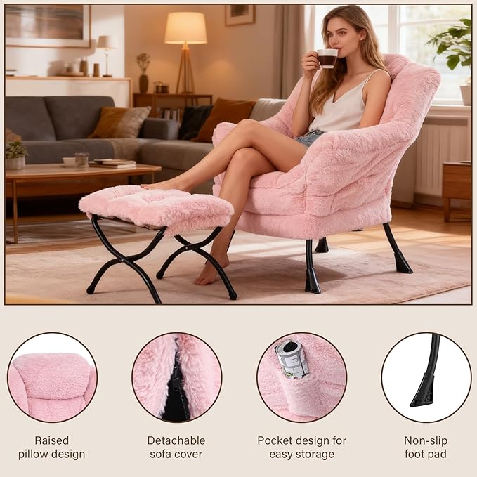 Welnow Lazy Chair with Ottoman Modern Accent Chair with Armrests and a Side Pocket Leisure Sofa Armchair Set Reading Armchair with Footrest for Small Space Plush Pink