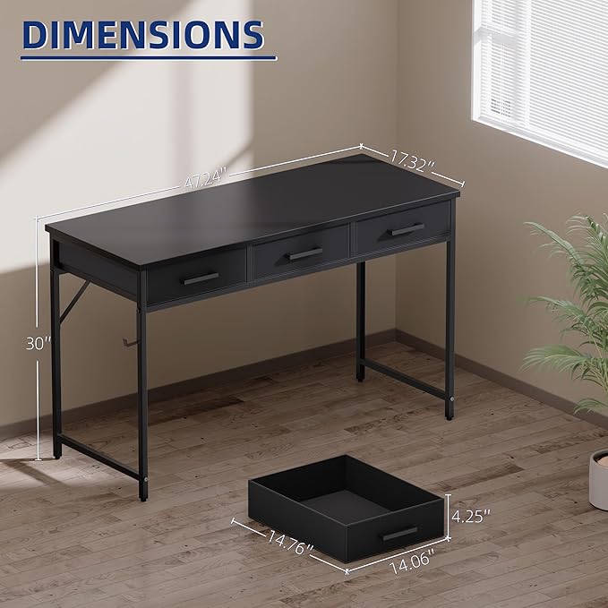 Pamray 47 Inch Small Computer Desk with 3 Drawers for Bedroom Study Writing Home Office Table for Small Spaces Black