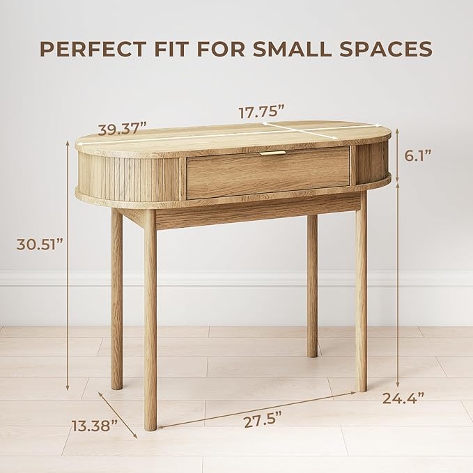 Writing Desk with Drawer 39 Small Computer Desk with Fluted Design Oval Wood Study Table for Small Space Modern Home Office Desk Makeup Vanity Table for Bedroom Oak