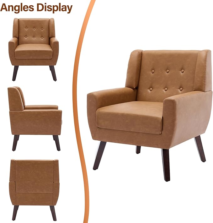 Accent Chairs Set of 2 Modern Faux Leather Armchairs for Living Room Comfy Upholstered Arm Chairs Tufted for Indoor Bedroom Office Room (P Brown)