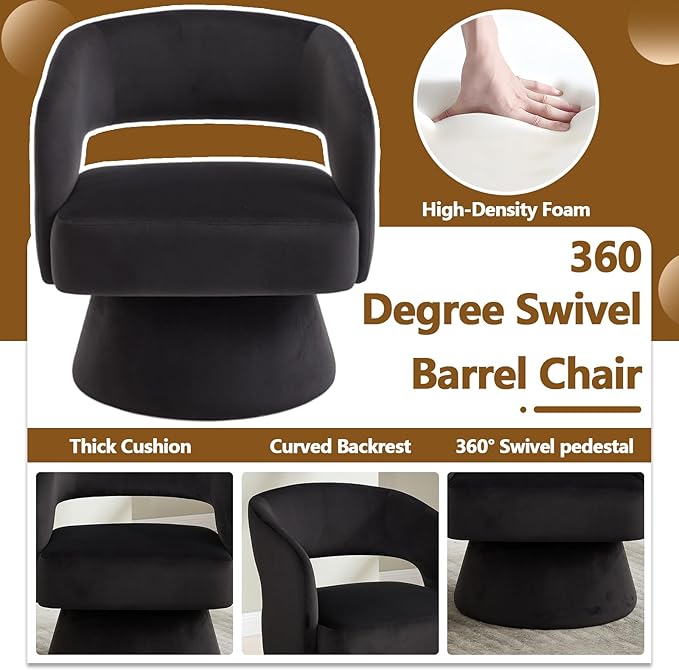 Swivel Accent Chair with Arms for Living Room Swivel Barrel Chairs with Backet for Small Space Velvet Round Chair for Bedroom (Black)