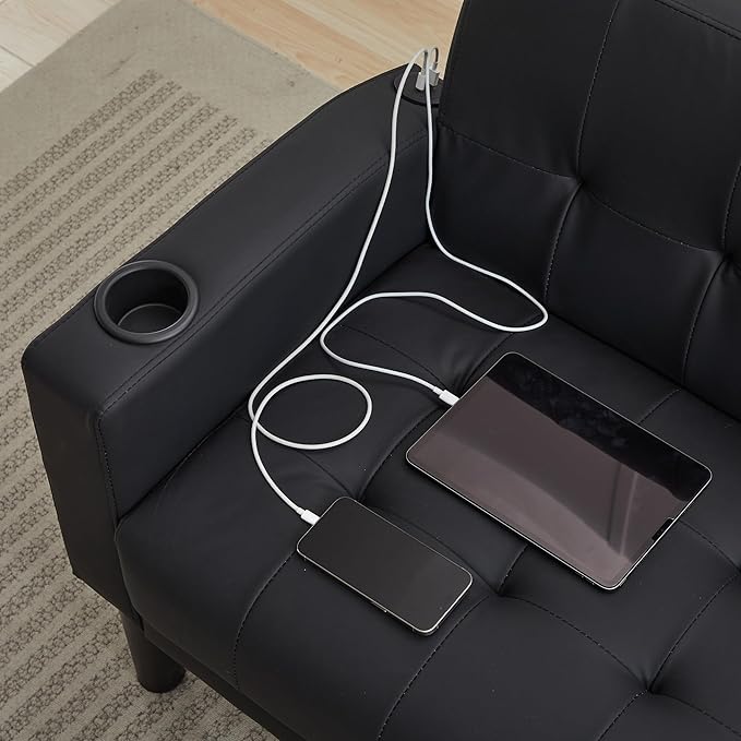 TYBOATLE Sofa Couch 62 W Loveseat w/ 2 USB Charger Ports &amp 2 Cupholders Mid-Century Modern Tufted Small Love Seat Couches for Office Living RoomBedroomApartmentDorm (3 Black)
