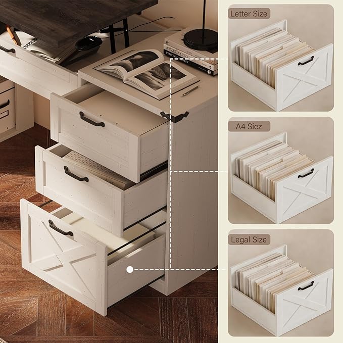 Farmhouse Lift Top Desk: Rustic Wood Standing Desk with 3 Drawers &amp Open Storage Shelves Adjustable Height White &amp Brown Home Office Computer Desk for Work Study Writing (White+Dark Walnut
