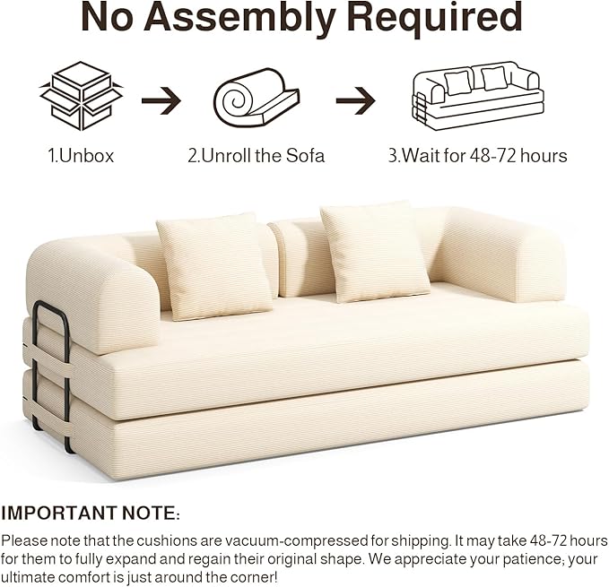 Ahomly 78.8'' Convertible Sofa Bed5-in-1 Boneless Couch with Removable ArmrestsFolding Futon Sofa Bed Includes 2 PillowsComfy Pull Out Couch for Living RoomNo Assembly RequiredCream