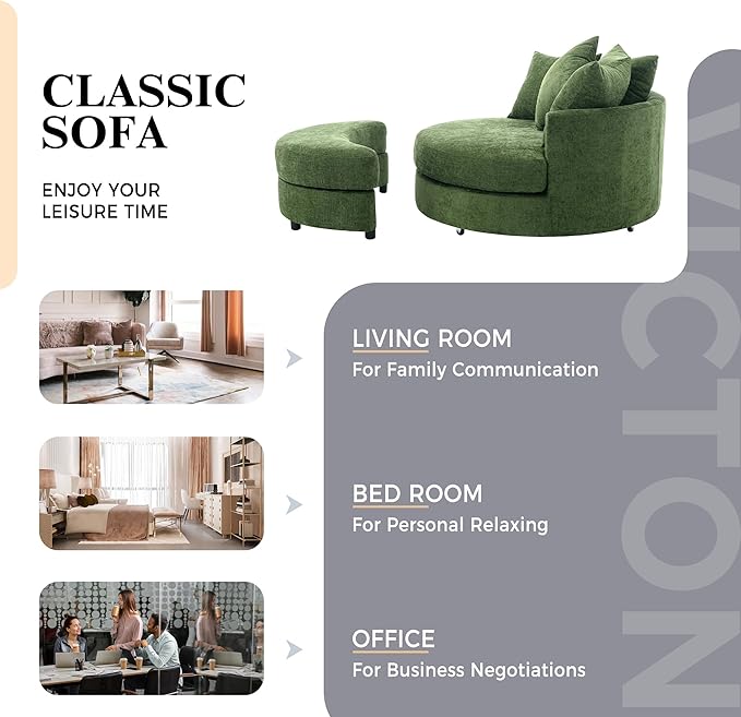 ERYE Oversized Round Accent Barrel Chair with Storage Ottoman and 360 Swivel Base Modern Chenille Upholstered Leisure Recliner Armchair for Living Room Bedroom