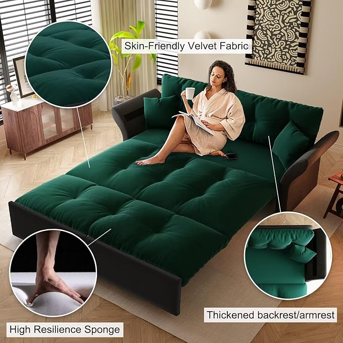 74.8 Queen Velvet Pull Out Sofa Bed 3-in-1 Convertible Sleeper Tufted Couch with 2 Soft Pillows Multi-Functional Folding Loveseat Bed Green