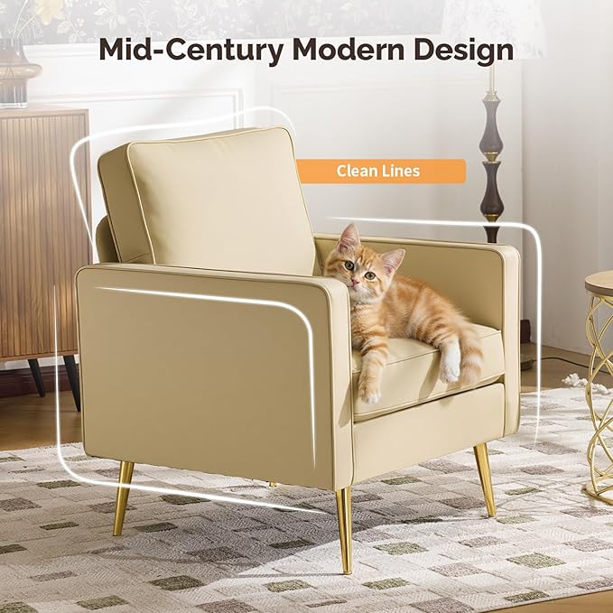 VINGLI Modern PU Leather Accent Chairs Set of 2 Single Sofa Chair with Pocket Coil Seat Metal Backrest &amp Solid Wood Frame Upholstered Armchair for Living Room Bedroom or Office