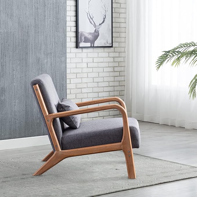 INZOY Mid Century Modern Accent Chair with Wood Frame Upholstered Living Room Chairs with Waist Cushion Reading Armchair for Bedroom Sunroom (Dark Grey)