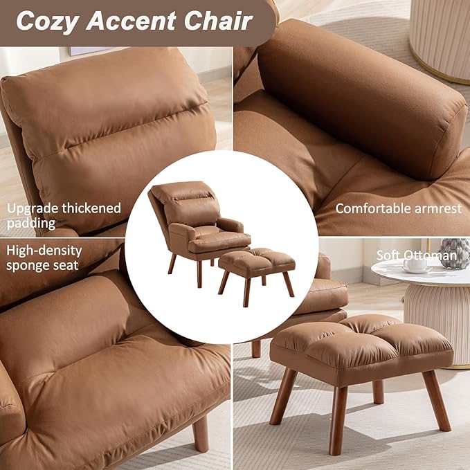 INZOY Accent Chairs with Ottoman Velvet Fabric Armchair with Ottoman for Bedroom Living Room Mid Century Modern Chair with Adjustable Backrest and Side Pockets Camel