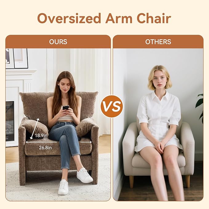 Chenille Oversized Armchair Pillows-top Armrests Accent Chair for Bedroom Living Room Upholstered Chair Sofa Couch Comfy Modern Armchair Single Sofa Chair (Brown 1 Pack)