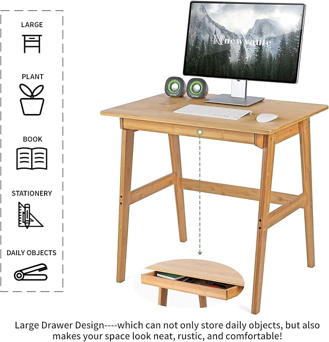 Nnewvante Writing Computer Desk 31.5 Bamboo Home Office Table with Large Drawer Modern Furniture Simple Study Makeup Workstation