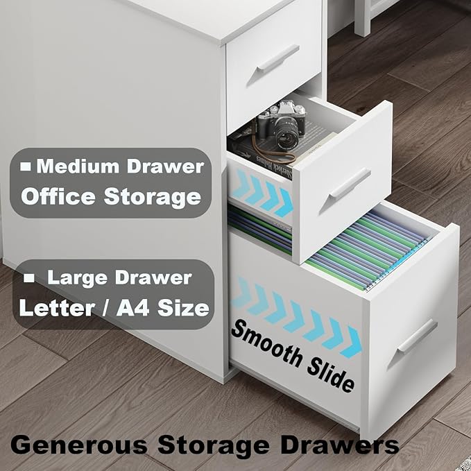 LVB White L Shaped Corner Desk with Drawers Reversible Modern L-Shaped Computer Desk with Storage Cabinet Shelves Large Wood Metal L Shape Home Office Desk for Work Study Writing Gaming 59 Inch