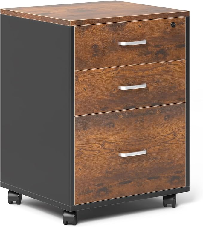 Need 3 Drawer Wood Mobile File Cabinet with LockRolling Filing Cabinet for Letter/A4 Size for Home OfficeRustic Brown ND-10CZLXFC04FG