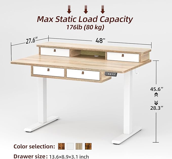 TIQLAB 48 * 28 Inch Standing Desk with Four Drawers Electric Sit Stand Table Stand Up Desk Adjustable Height with Storage Shelf Splice Board Maple