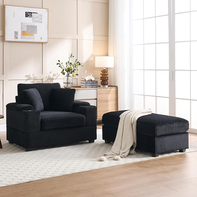 KEIKI Oversized Accent Chair with Ottoman Chaise Lounge Chair Indoor with Handrail Storage Cupholders Oversized Sofa Bed Deep Seat Sleeper Couch Reading Chairs for Living Room Black
