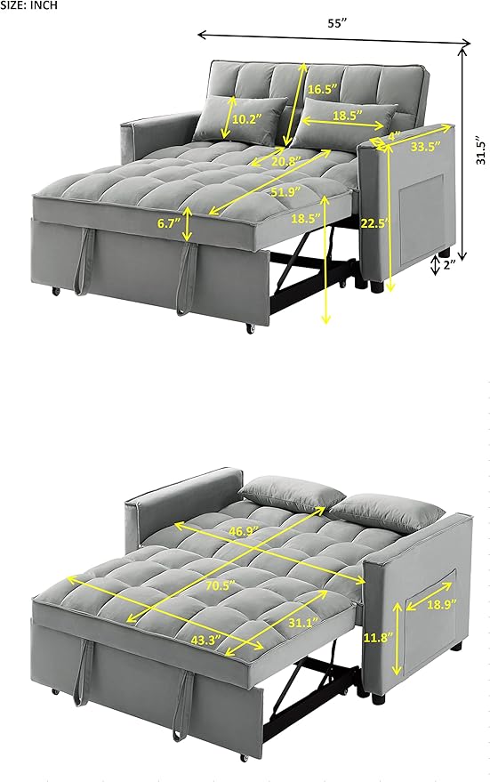 Antetek Convertible Sleeper Sofa Bed 3 in 1 Velvet Loveseat Futon Sofa Couch with Pullout Bed Grey 54