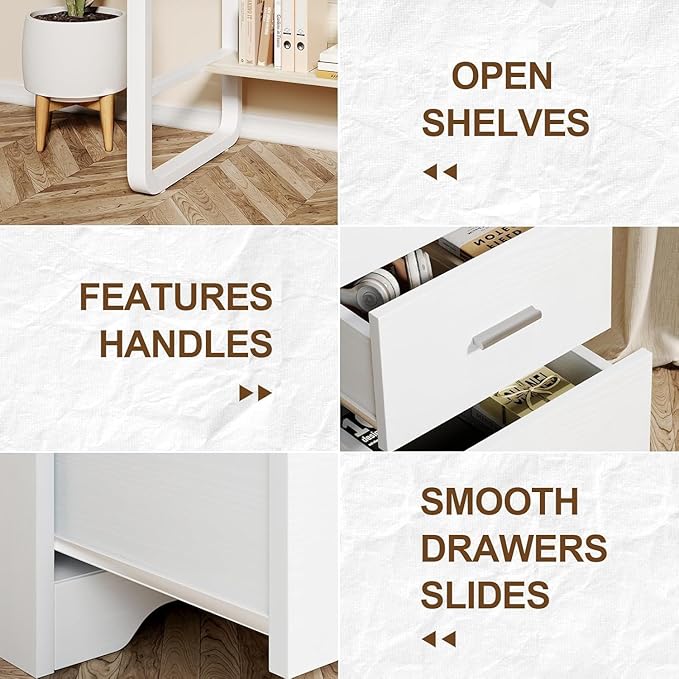 White Desk with 3 Drawers 47 Inch Computer Desk with Drawers for Bedroom Small Home Office Desk with File Cabinet Bottom Shelves for Small Spaces