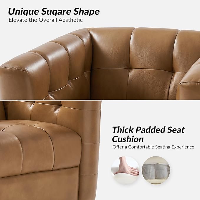 HULALA HOME Genuine Leather Swivel Accent Chair with Wooden Base Mid Century Modern Square Accent Chair for Living Room Bedroom Club Camel