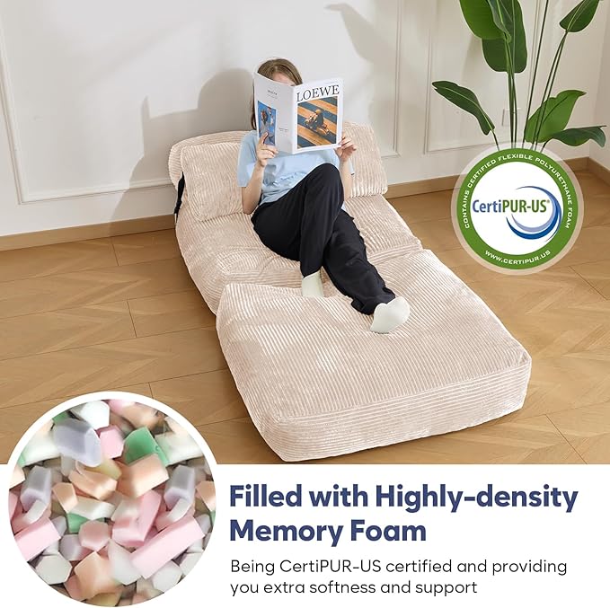 SHOUREN Folding Sofa BedConvertible Sleeper Chair Bed with PillowFoldable Futon Couch Mattress with Back SupportPortable Lazy Floor Sofa Lounger Beige Single